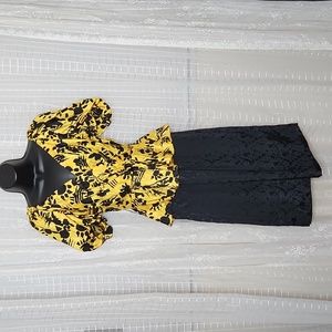 Vintage 80's Satin Baroque Gold & Black Party Cocktail Dress W/ Puff Sleeves